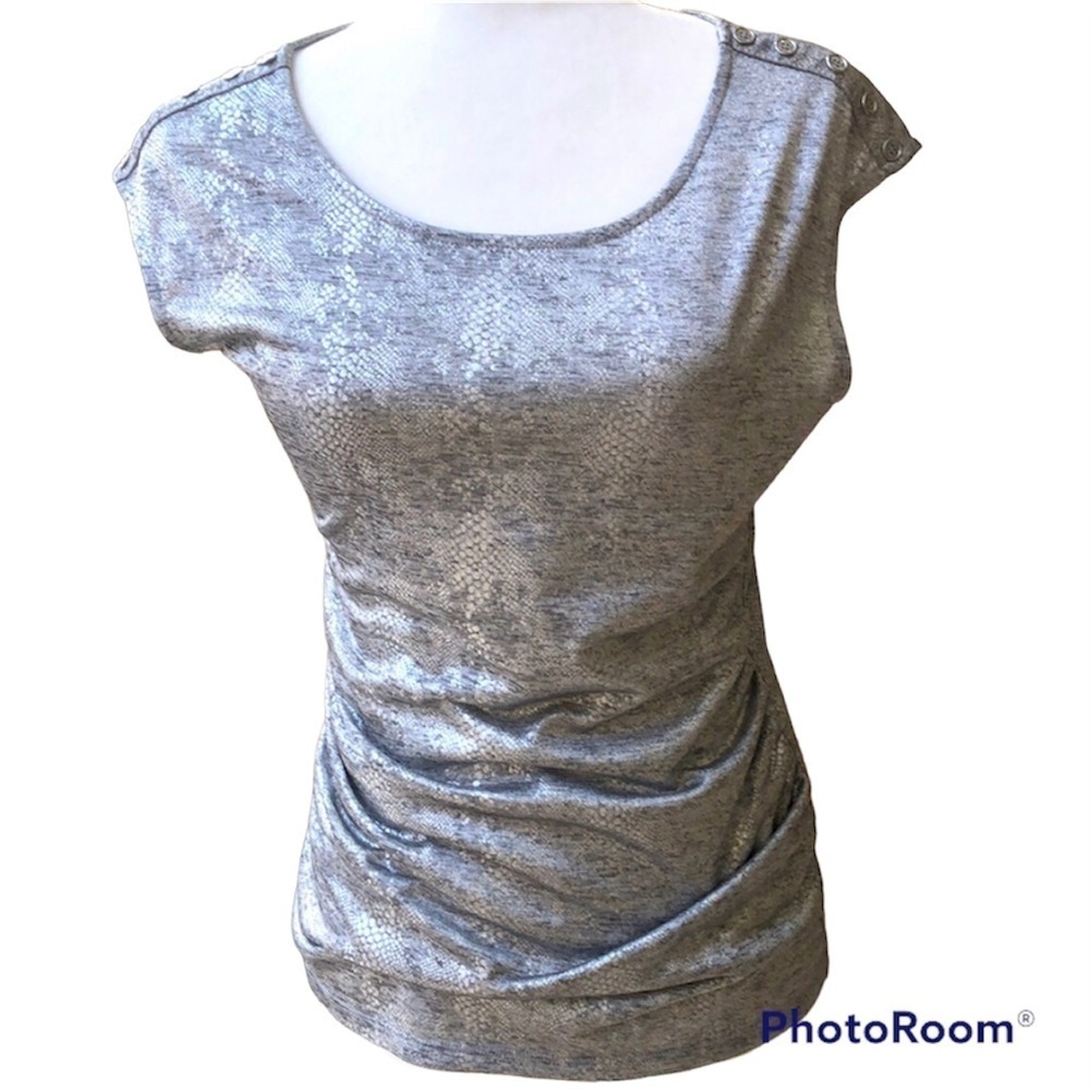 Calvin Klein Silver Metallic Stretchy Print Scoop Neck Top Women’s Small NWT